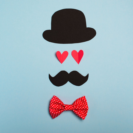 Male Silhouette, Mustache, Hat and Heart-Shaped Eyes, Intelligent Man, Man in Love Concept Backgroundの写真素材