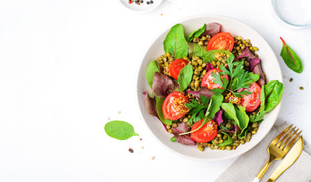 Mung Bean Cherry Tomato Salad in a Bowl, Tasty Vegetarian Foodの写真素材