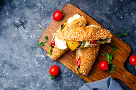 Grilled Vegetables and Mozzarella Cheese Sandwiches, Panini, Delicious breakfast or snack, Clean...