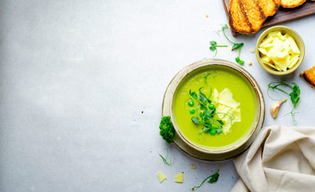 Pea Soup with Green Vegetables, Broccoli and Pea Sprounts with cheese on bright backround, Healthy...