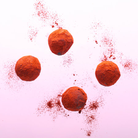 Levitating Chocolate Truffles, Vegan Sweets, Delicious Date Candy Balls, Healthy Candies on pink background, Creative Conceptの写真素材