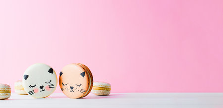 Adorable Cat Macaron Cookies, Delicious French Dessert on Bright Backgroundの写真素材