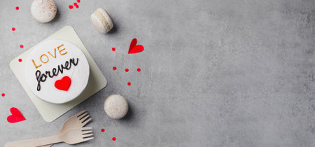 Cake for Valentine's Day, Mother's Day, or Birthday, Love Forever Message, Romantic Bento Cake for Two on Grey Backgroundの写真素材
