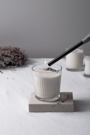 Soy Candle, Handmade Scented Candles with Lavender in Glass, Romantic Conceptの写真素材