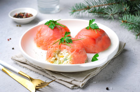 Salmon and Rice Salad Appetizer, Tasty Festive Snack on Bright Background
