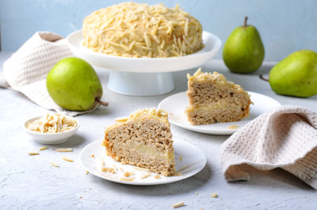 Almond Pear Cake, Delicious Dessert on Bright Background