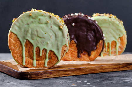 Round Croissant, New York Roll, Trendy Pastry with Chocolate Glazeの写真素材