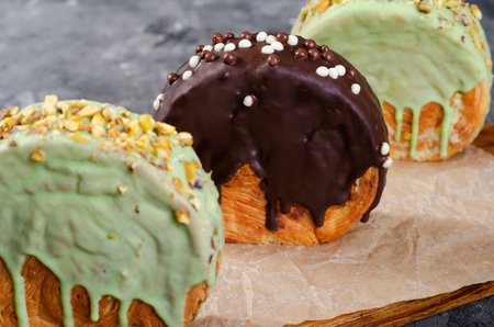 Round Croissant, New York Roll, Trendy Pastry with Chocolate Glazeの写真素材