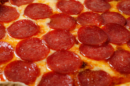 Pepperoni Pizza with Mozzarella Cheese, Salami, Tomato Sauce, Stone Baked Pizzaの写真素材