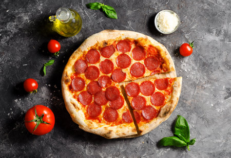 Pepperoni Pizza with Mozzarella Cheese, Salami, Tomato Sauce, Stone Baked Pizzaの写真素材