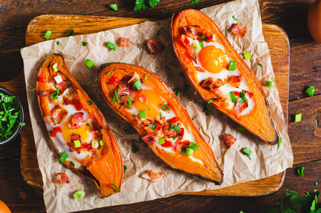 Baked Sweet Potato Stuffed with Egg, Bacon, and Green Onions on Rustic Backgroundの写真素材