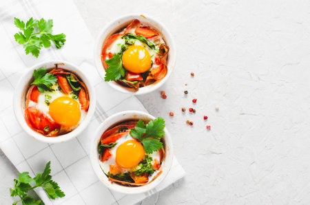 Baked Eggs with Bacon, Tomatoes, Spinach and Herbs on Bright Background, Healthy Rustic Breakfast or Snackの写真素材
