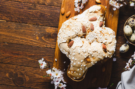 Colomba, Italian Easter Dove Cake on Wooden Rustic Backgroundの写真素材