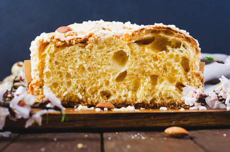 Colomba, Italian Easter Dove Cake on Wooden Rustic Backgroundの写真素材