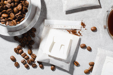 Drip Coffee Bags, Coffee Trend, Quick Way to Brew Ground Coffee Using Paper Type Filterの写真素材