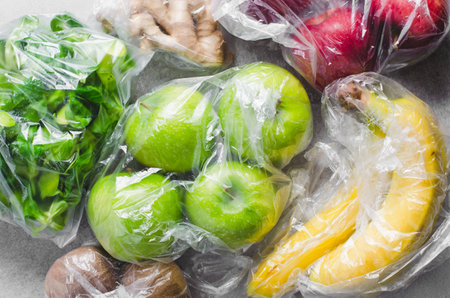 Fruits in Plastic Bags, Shopping with Plastic Bags, Recycling Conceptの写真素材
