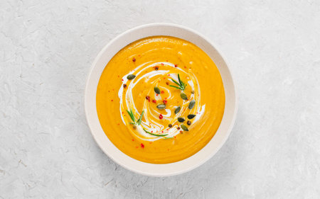 Sweet Potato Soup, Tasty Homemade Pumpkin, Sweet Potato, Carrot Soup in a Bowl on Bright Background