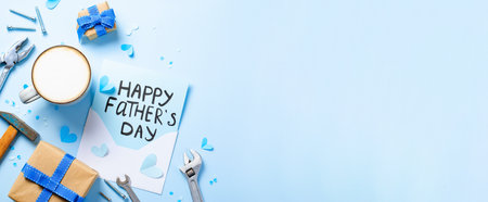 Happy Father's Day Concept, Greeting card, Father's Day Breakfast with a cute letter on light blue backgroundの写真素材