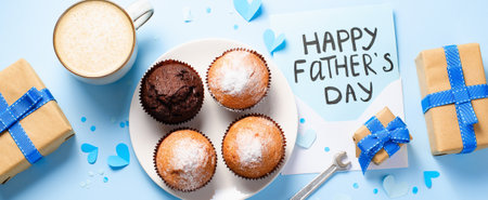 Happy Father's Day Concept, Greeting card, Father's Day Breakfast with a cute letter on light blue backgroundの写真素材