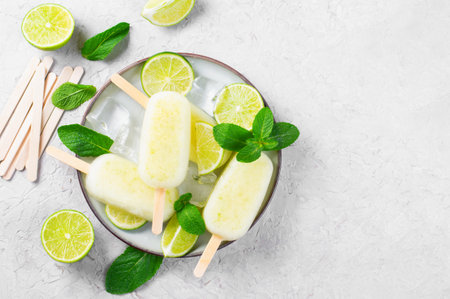 Refreshing Lime ice pop, Brazilian Lemonade Ice Lolly with Fresh Lime and Mint on Bright Background, Healthy Dessertの写真素材
