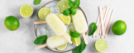 Refreshing Lime ice pop, Brazilian Lemonade Ice Lolly with Fresh Lime and Mint on Bright Background, Healthy Dessertの写真素材