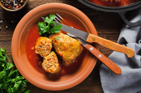 Homemade Cabbage rolls with meat, rice and vegetables. Stuffed cabbage leaves also known as sarma, golubtsy, dolma on Dark Rustic Backgroundの写真素材