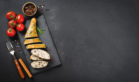 Baked Stuffed Chicken Legs on a Black Cutting Board, Dark Backgroundの写真素材