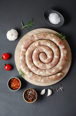 Traditional Raw Spiral Sausages, Meat Round Sausages with Spices on Dark Backgroundの写真素材