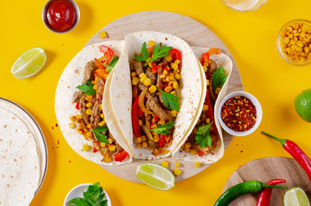 Mexican Tacos with Beef and Vegetables, Tacos al Pastor on Bright Yellow Backgroundの写真素材
