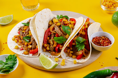 Mexican Tacos with Beef and Vegetables, Tacos al Pastor on Bright Yellow Backgroundの写真素材