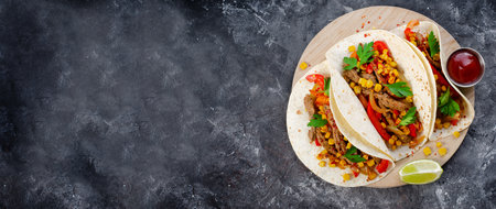 Mexican Tacos with Beef and Vegetables, Tacos al Pastor on Dark Rustic Backgroundの写真素材