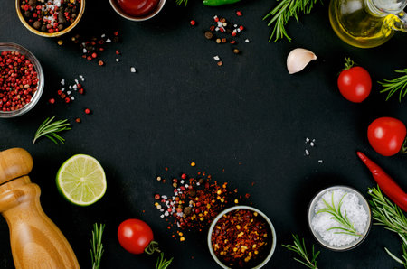 Cooking Concept with Spices and Vegetables on Dark Background, Vegetarian Food, Health, Background...