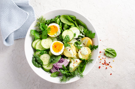Green Buddha Bowl with Spring Herbs and Vegetables, Healthy Balanced Meal, Bowl or Salad with Young Potatoes, Cucumber, Lettuce, Egg and Herb Dressingの写真素材