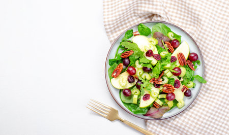 Waldorf Salad, Fresh Apple Salad with Cranberry, Grapes, Celery, Pecans and Salad Mix, Fall Salad, Comfort Foodの写真素材