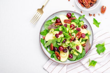 Waldorf Salad, Fresh Apple Salad with Cranberry, Grapes, Celery, Pecans and Salad Mix, Fall Salad, Comfort Foodの写真素材