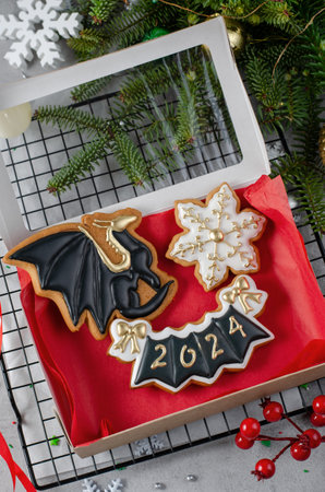 Box of Gingerbread Cookies, Set of Handmade Christmas Treats on Bright Backgroundの写真素材