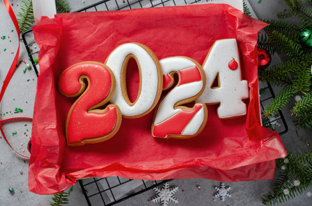 Box of Gingerbread Cookies, Set of Handmade Christmas Treats on Bright Backgroundの写真素材