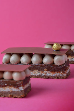 Chocolate Cake, Slice of Tasty Chocolate Pastry Cake on Pink Background