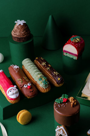 Christmas Pastry, Various Festive New Year Desserts on Dark Green Backgroundの写真素材