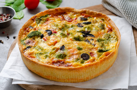 Quiche with Vegetables, Homemade Open Pie, Savory Tart on Bright Backgroundの写真素材