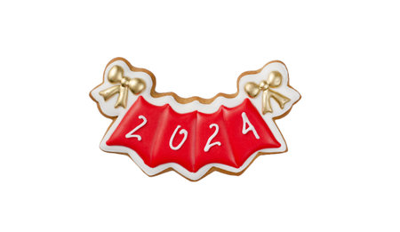 New Year 2024 Gingerbread Cookie Numerals Isolated on White Background, Glazed Cookies with Sugar Icing Decoration, Christmasの写真素材