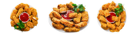 Delicious Crispy Fried Breaded Chicken Breast Strips with Ketchup on White Background Isolated