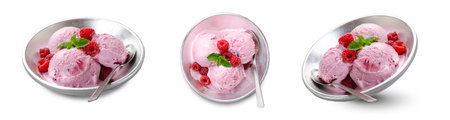 Delicious Raspberry Ice Cream in a Bowl on White Isolated Background, Summer Dessertの写真素材