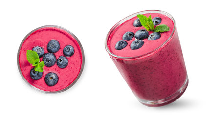 Blueberry Smoothie, Tasty Refreshing Drink on White Background Isolated, Healthy Food, Vegan or Vegetarian Diet Food Conceptの写真素材