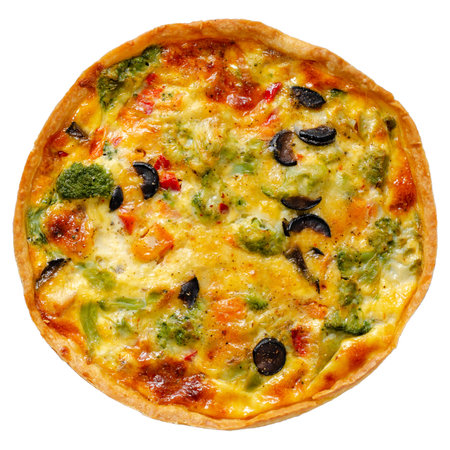 Quiche with Vegetables, Homemade Open Pie, Savory Tart on White Background Isolatedの写真素材