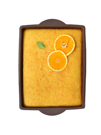 Freshly Baked Orange Pie, Revani Cake, White Background Isolatedの写真素材