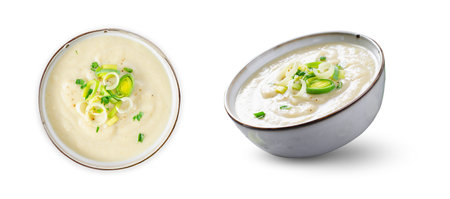 Leek Soup, Comfort Meal, Potato and Leek Creamy Soup, Vegetarian Food on White Background Isolatedの写真素材