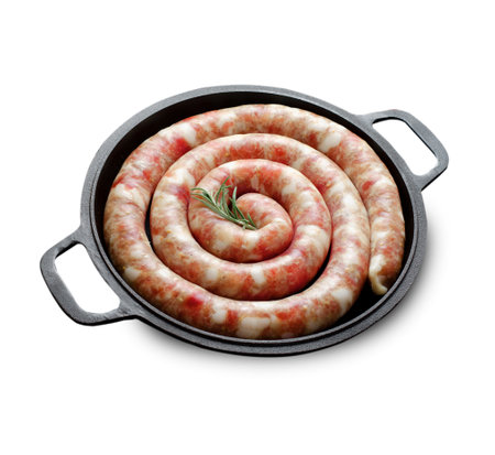 Traditional Raw Spiral Sausages, Meat Round Sausages on White Background Isolatedの写真素材