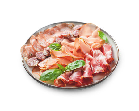 Cured Meat Platter, Antipasto Set, Appetizer Variety on Plate over White Background Isolatedの写真素材