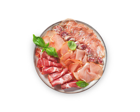 Cured Meat Platter, Antipasto Set, Appetizer Variety on Plate over White Background Isolatedの写真素材